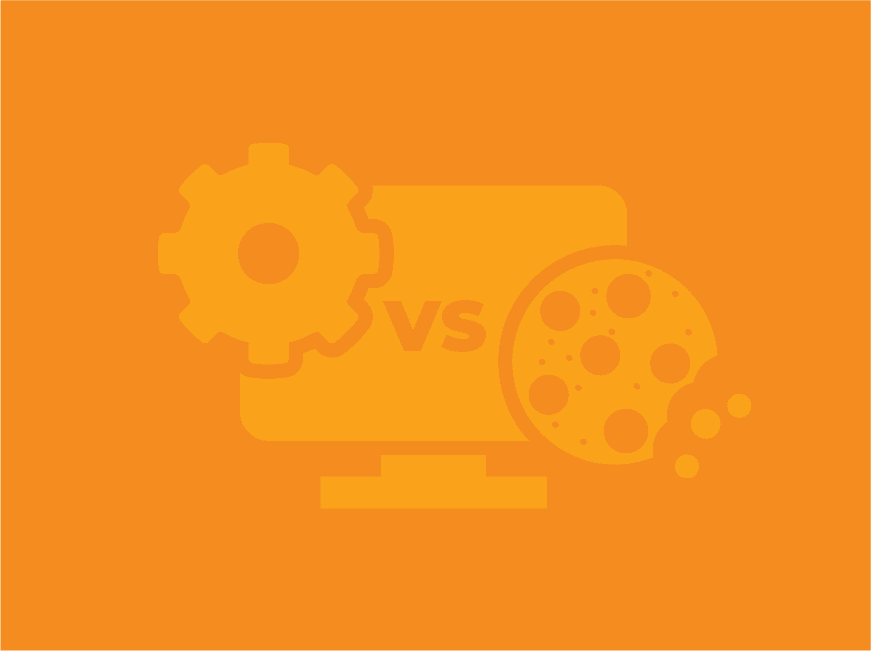 Internet cache vs. cookies, represented with a cog and a cookie